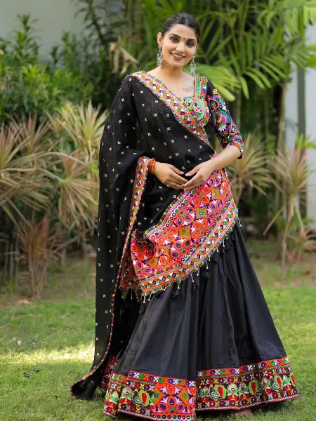 Black Color Malai Silk Navratri Lehenga Choli With Gamthi Work Ready to Wear