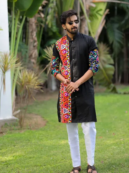 Black Color Malai Silk Navratri Festival Wear Men's Kurta Pajama With Gamthi Work