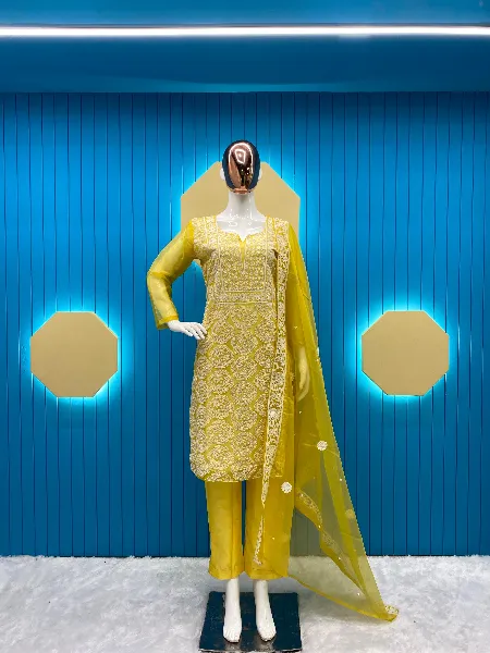 Haldi Set in Yellow Organza Kurti Pant Set With Heavy Thread Embroidery and Real Moti Work