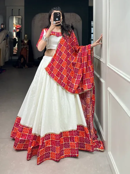 White Pure Cotton Navaratri Ready to Wear Chaniya Choli With Bandhej Foil Print