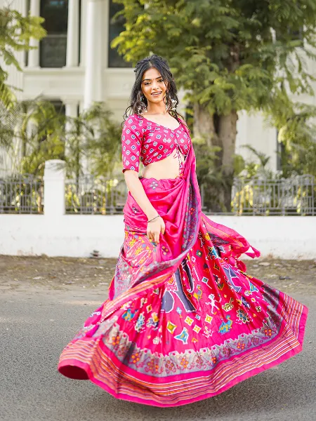 Pink Color Patola Print Lehenga Choli for Garba Night With Foil Work in Dola Silk Fabric With Dupatta