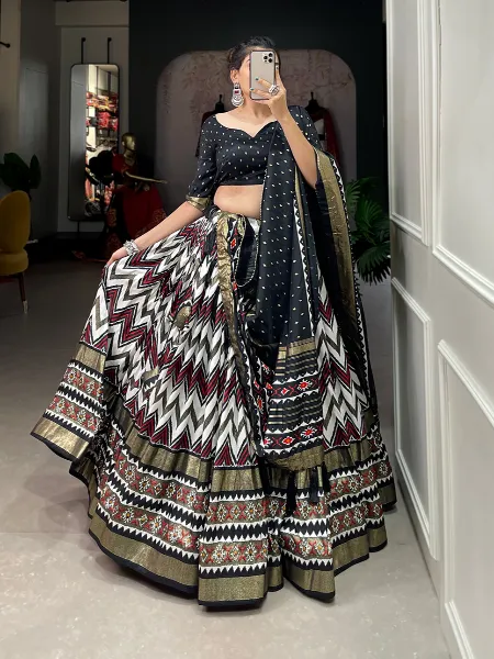 Navratri Chaniya Choli in Black Tussar Silk With Leriya Print and Foil Work Garba Choli for Navratri