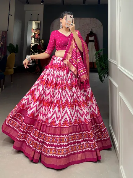 Navratri Chaniya Choli in Pink Tussar Silk With Leriya Print and Foil Work Garba Choli for Navratri