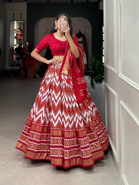 Navratri Chaniya Choli in Red Tussar Silk With Leriya Print and Foil Work Garba Choli for Navratri