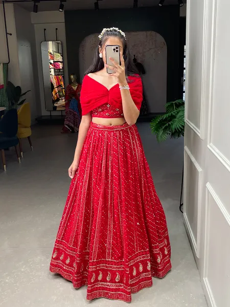 Red Color Georgette Ready to Wear Lehenga Choli With Sequence Embroidery Work