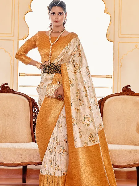 Mustard Color Soft Silk Saree With Beautiful Digital Print and Zari Weaving