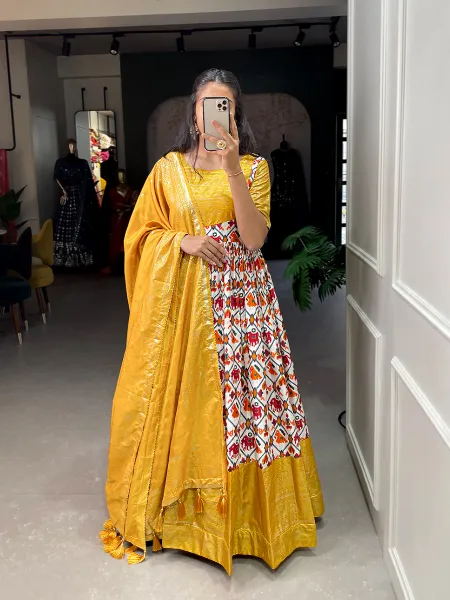 Yellow Color Dola Silk Patola Print Goen With Foil Work and Dupatta