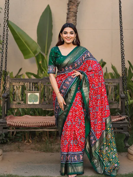 Red Color Dola Silk Saree With Patola Print and Foil Work Indian Designer Saree
