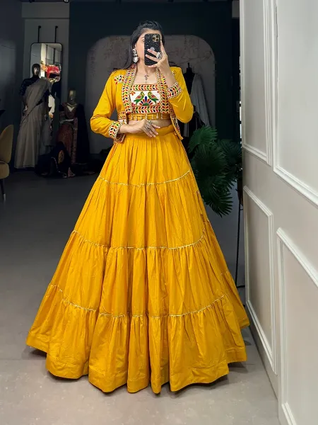 Mustard Navratri Festival Wear Pure Rayon Ready to Wear Lehenga With Gamthi Work Blouse