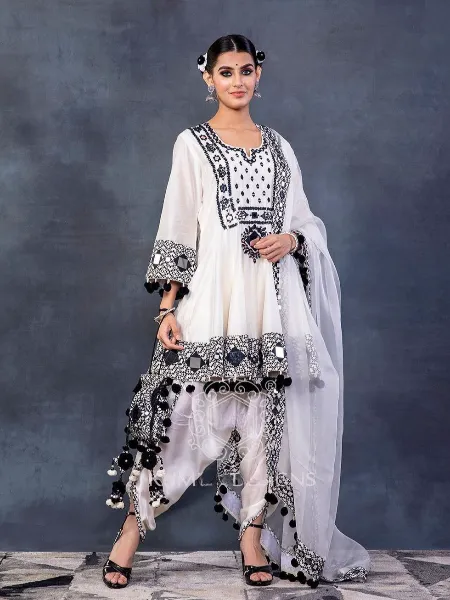Black Color Rajwadi Silk Top Patiyala Suit With Embroidery and Real Mirror