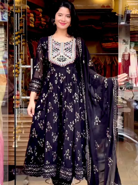 Black Color Designer Gown in Georgette With Heavy Embroidery Sequence Work
