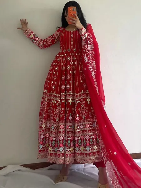 Red Color Georgette Gown With Beautiful Embroidery Work and Dupatta