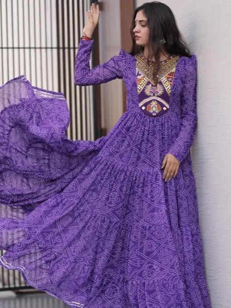Purple Color Navratri Gown With 16 Meter Big Flair and Designer Neck Embroidery