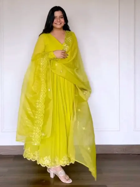 Yellow Color Georgette Gown With Dupatta and Embroidery Work Haldi Gown