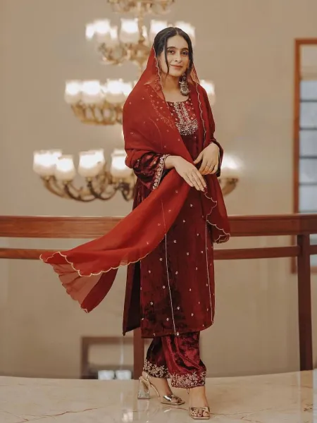 Maroon Color Velvet Pakistani Suit With Embroidery Work With Pant and Dupatta
