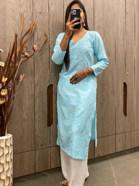 Sky Blue Color Designer Kurti Palazzo Set With Cotton Thread Embroidery Work