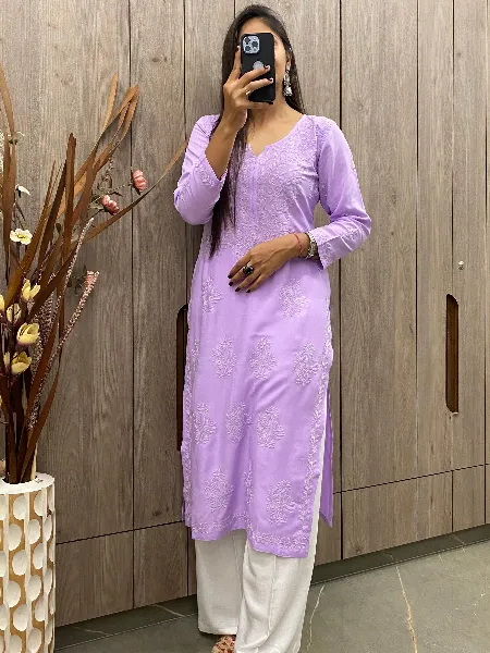 Lavender Color Designer Kurti Palazzo Set With Cotton Thread Embroidery Work