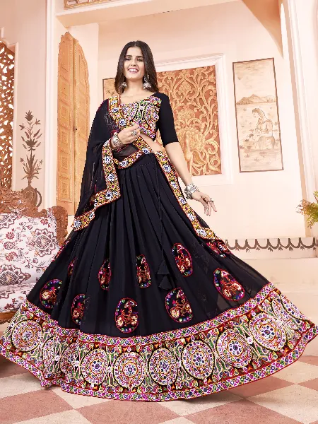 Black Color Navratri Lehenga Choli With Kutchi Embroidery and Real Mirror in Georgette