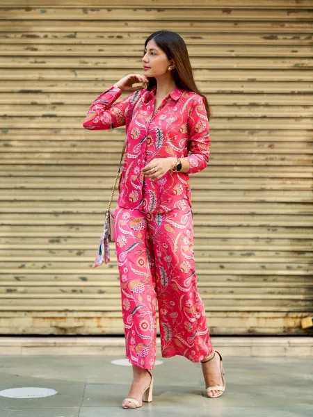 Pink Color Latest Designer Co Ord Set in Slub Cotton With Digital Print