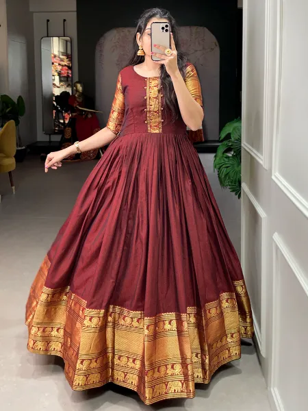 Maroon Color Narayanpet Gown With Zari Weaving Work South Indian Gown