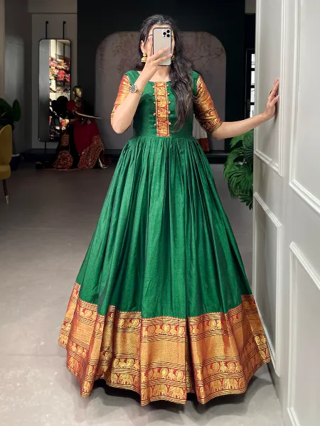 Green Color Narayanpet Gown With Zari Weaving Work South Indian Gown