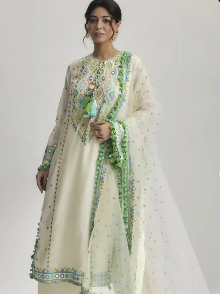 White Color Bollywood Sharara Suit in Georgette With Green Thread Embroidery