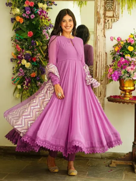 Lavender Color Designer Anarkali Suit With Pent and Sequence Work Dupatta