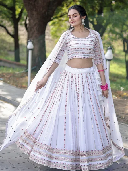 White Color Georgette Lehenga Choli for Bridal With Sequins Embroidered Work