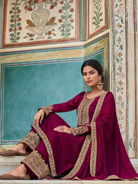 Wine Color Pakistani Salwar Suit With Beautiful Embroidery Work and Dupatta