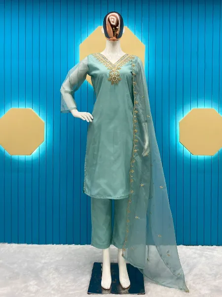 Pista Color Organza Salwar Suit With Dupatta in Organza and Paper Embroidery