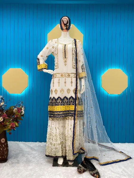 White Color Eid Collection of Top and Sharara With Heavy Embroidery Work