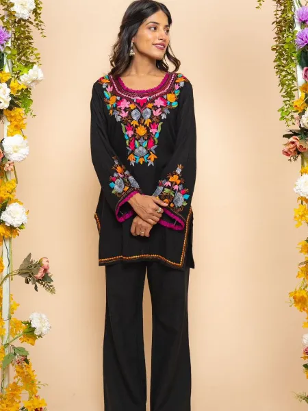Black Color Viscos Rayon Designer Kurti Pant Set With Beautiful Embroidery