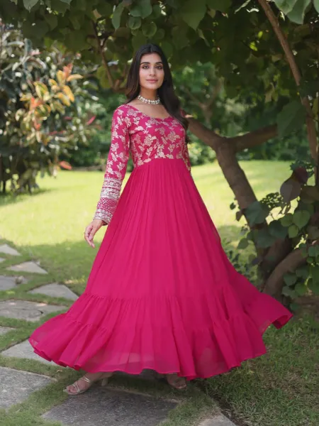 Pink Color Gown With Jacquard and Sequins Embroidered Work Party Wear Gown