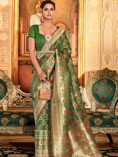 Mehendi Color Organza Saree With Patola Weaving Work and Blouse