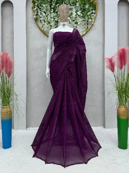 Karwa Chauth Saree in Purple Thread Sequence on Georgette With Heavy Work Blouse