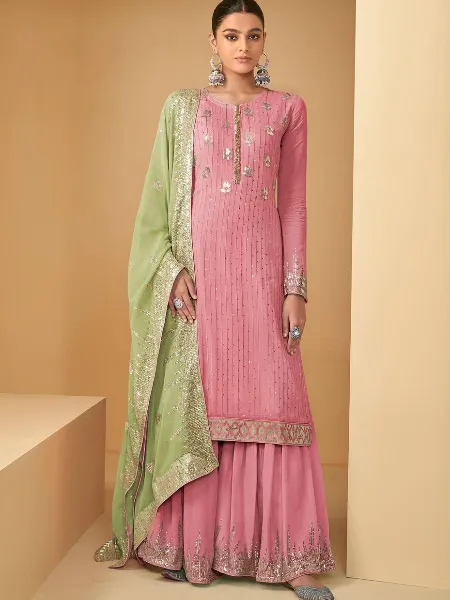 Light Pink Top Sharara Pair in Georgette With Sequence Embroidery Work