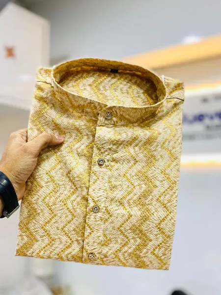 Golden Color Men's Traditional Kurta Pajama Set in Cotton With Foil Print