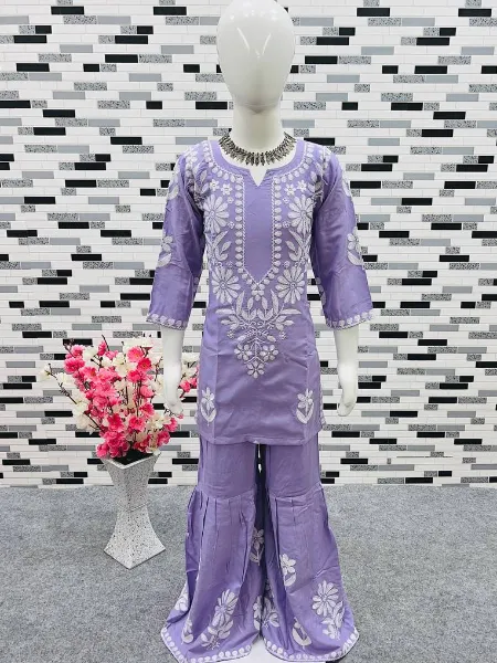 Lavender Color Kids Top and Sharara Pair in Rayon With Beautiful Embroidery