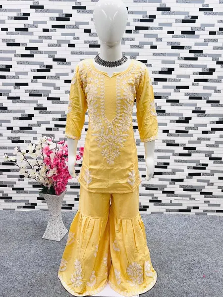 Yellow Color Kids Top and Sharara Pair in Rayon With Beautiful Embroidery