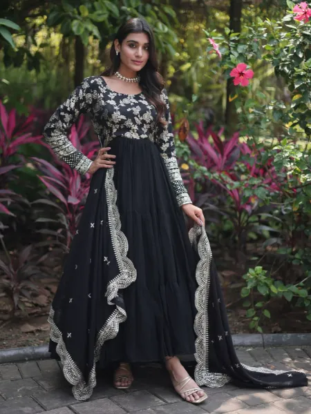 Black Color Gown With Jacquard and Sequins Work With 12 Meter Big Flair and Dupatta