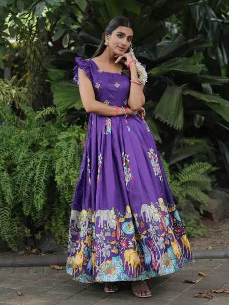 Wine Color Dola Silk Gown With Rich Designer Print South Indian Gown