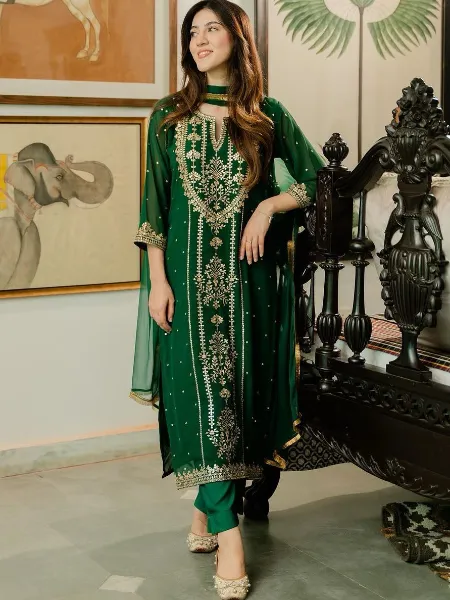 Green Georgette Top with Pant and Dupatta Set with Embroidery and Real Foil Work 