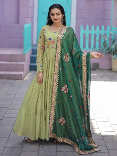 Parrot Color Designer Gown With Big Flair and Embroidery Work With Dupatta