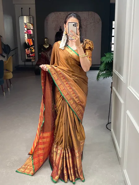 Cream Color Wedding Saree in Lichi Silk With Jacquard Weaving Zari Work