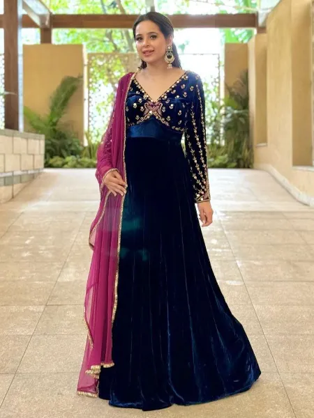 APNISHA Royal Blue Embroidered Semi-Stitched Gown