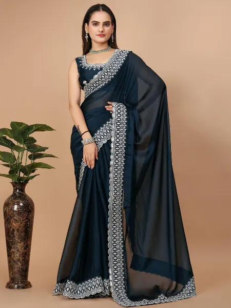 Ready to Wear Stitched Lycra Saree With Heavy Embroidery Multi