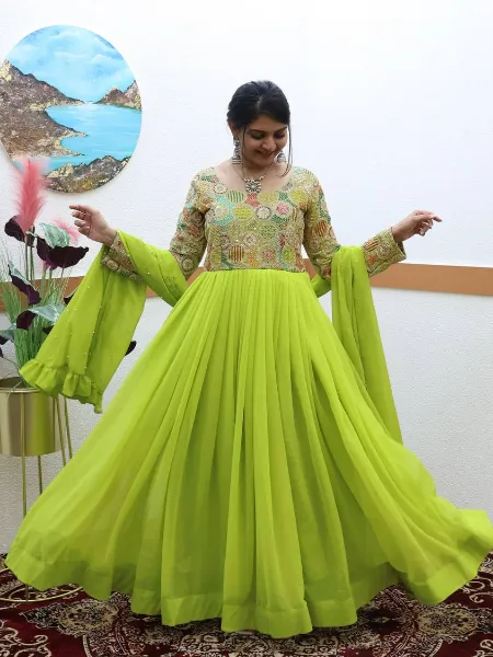 Parrot Color Party Wear Gown in Georgette With Dual Sequence and ...