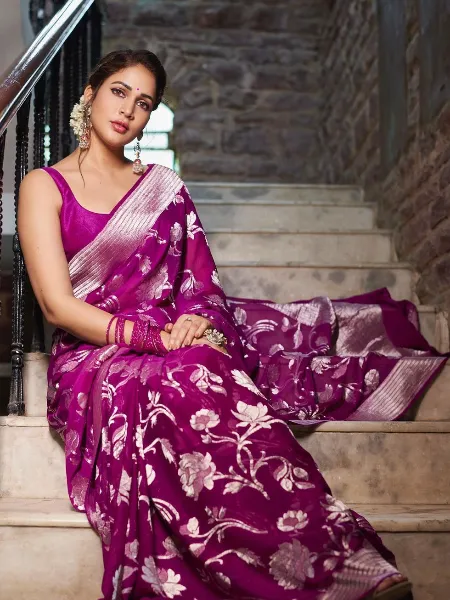 Pink Lichi Silk Jacquard Work South Indian Women Wear Saree