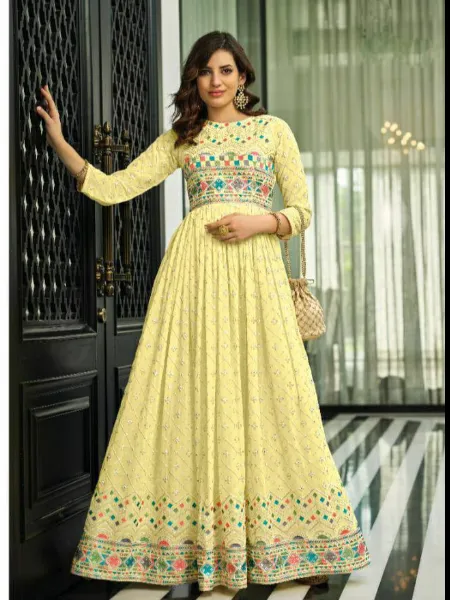 Mustard Yellow Flower Embroidered Georgette Anarkali Dress main image 0