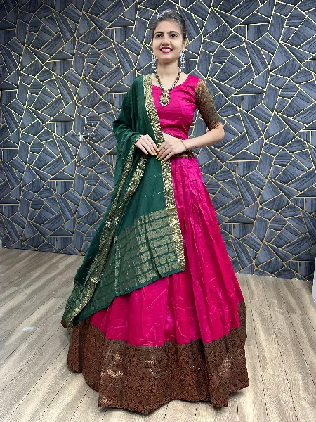 IKAT MIDDLE SIZE PARROT GREEN WITH PINK COLOR LEHENGA –  pochampallysarees.com